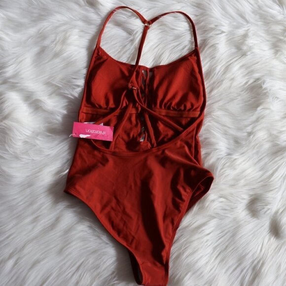 NEW Red Orange Criss Cross Strappy One Piece Bathing Suit Size Small - Picture 6 of 8
